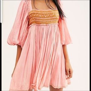Free People Sahara Peach Long Sleeve Crinkle Mini Dress With Tie Back. NWT